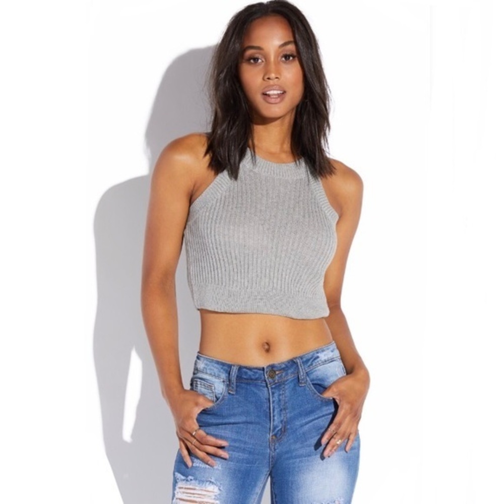 Gray High Neck Sweater Crop Top Size Large, NWT